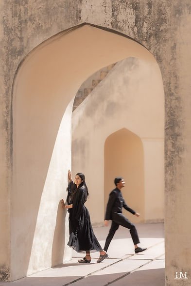 Indian couple in an editorial pre-wedding portrait at Jantar Mantar, Jaipur