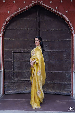 Fashion portrait of a woman in a yellow saree against an arched doorway