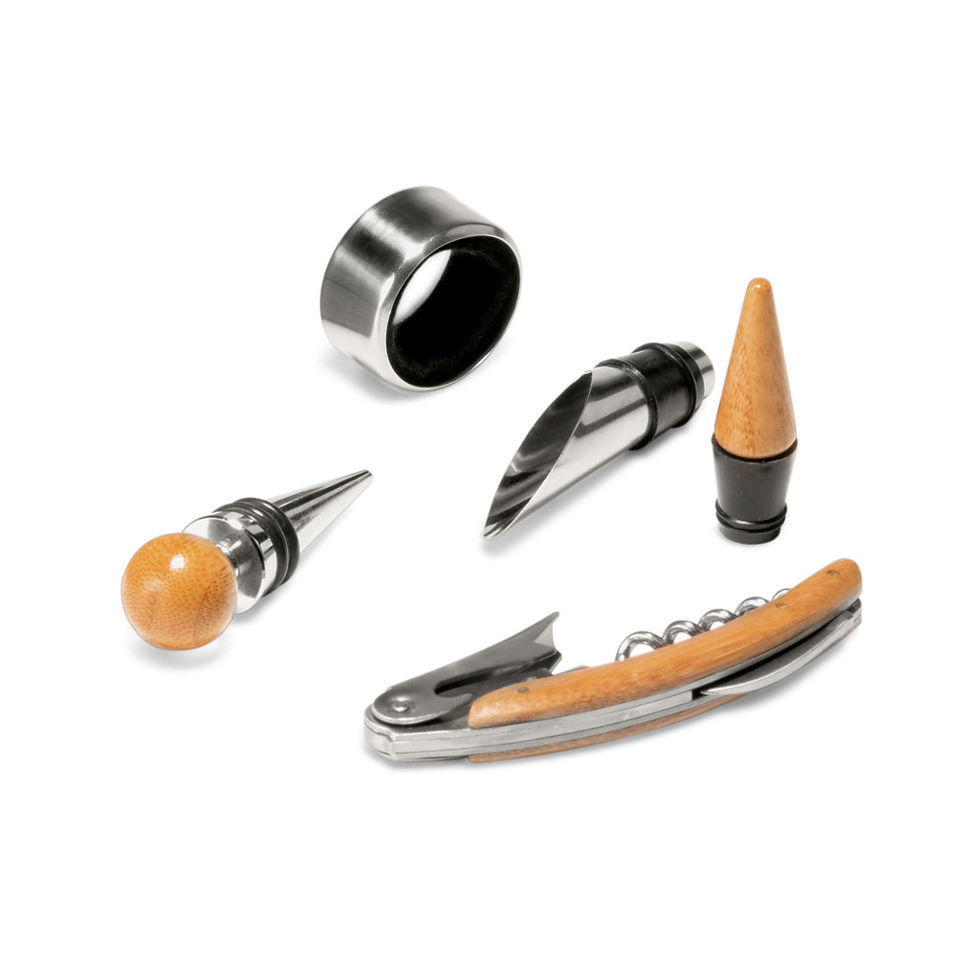 Miniatura: MORETO. Conjunto para vinho com 4 peças em madeira e metal Cod 94119