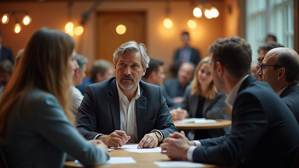 Eye-level view of a community gathering with people engaging in conversation