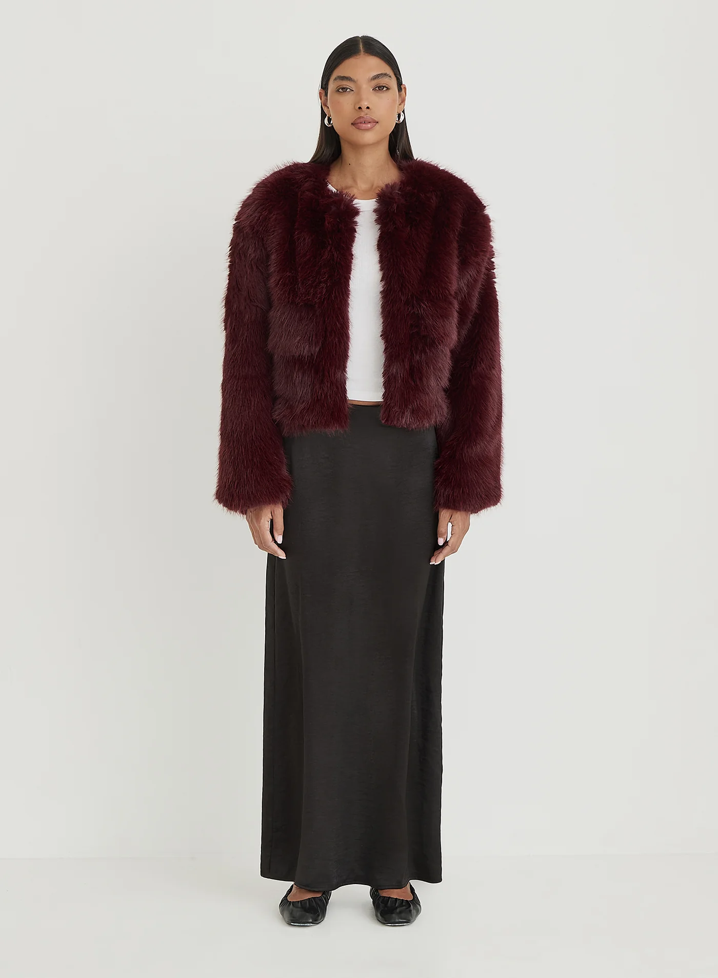 4th and Reckless Burgundy Faux Fur Cropped Jacket- Reysha