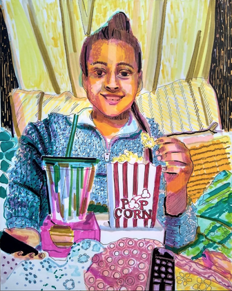 Artwork in marker and pen, featuring a subject with straight hair, wearing a denim jacket and enjoying food, set against a backdrop of a movie night. Part of the Darcy Inventory Octfusion series.