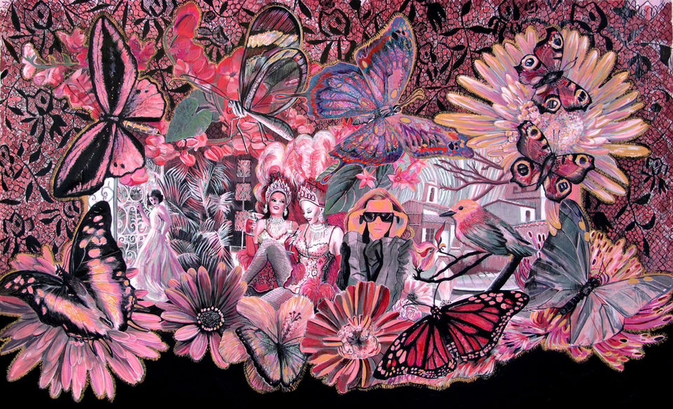 Dawn Hunter artist, Vegas Garden, graphite and ink on paper, 36" x 58." This is a mixed media drawing of Vegas show girls.