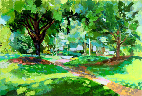 Dawn Hunter artist, Blue Light, 40" x 30." This is a painting of the Gibbes Green area of the USC campus.