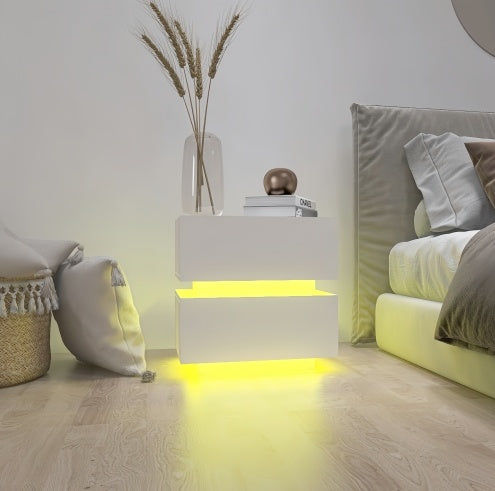 White Color High Glossy 2 Drawers Bedside Table With RGB Led Light Nightstand Wi