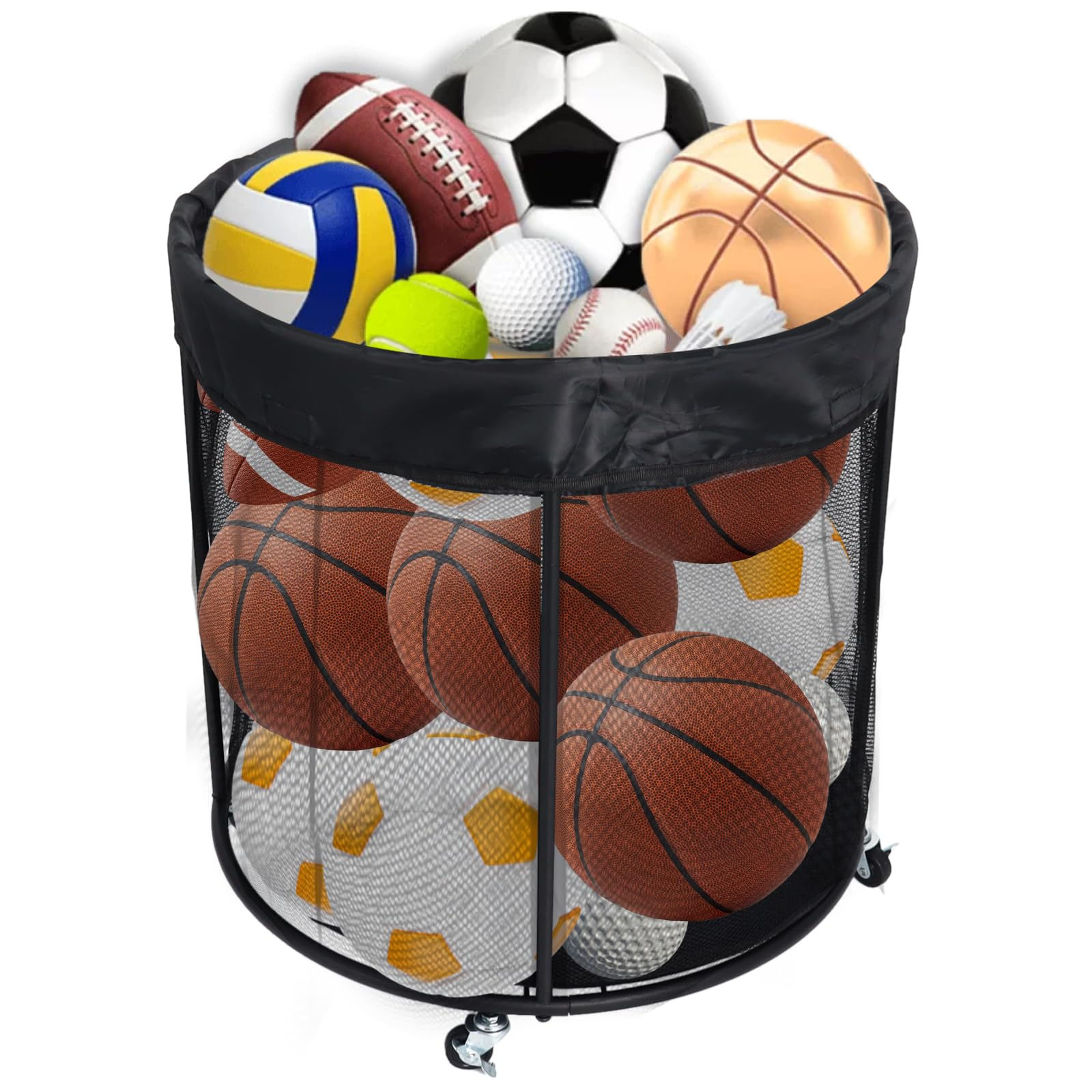Ball Storage Cart Rolling Sports Ball Cart Metal Garage Organizer Sports Equipme