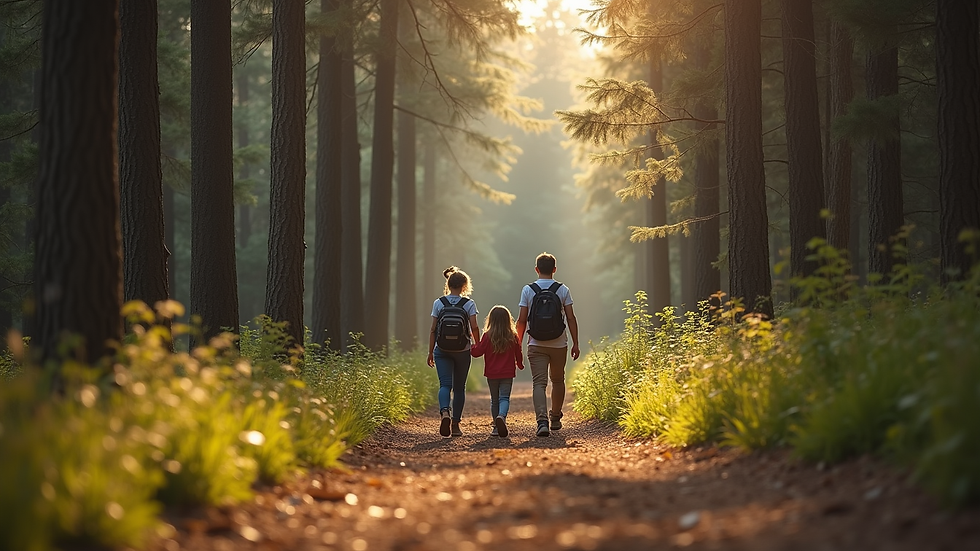 Eye-level view of a family walking on a forest trail surrounded by tall trees