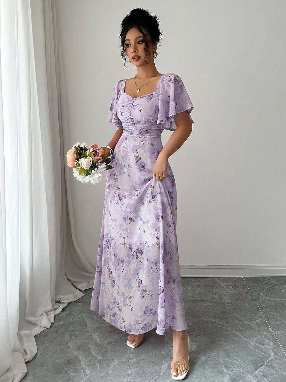 Thumbnail: Women's Sweet French Style Mini Dress with Purple Butterfly Print, Batwing Sleev