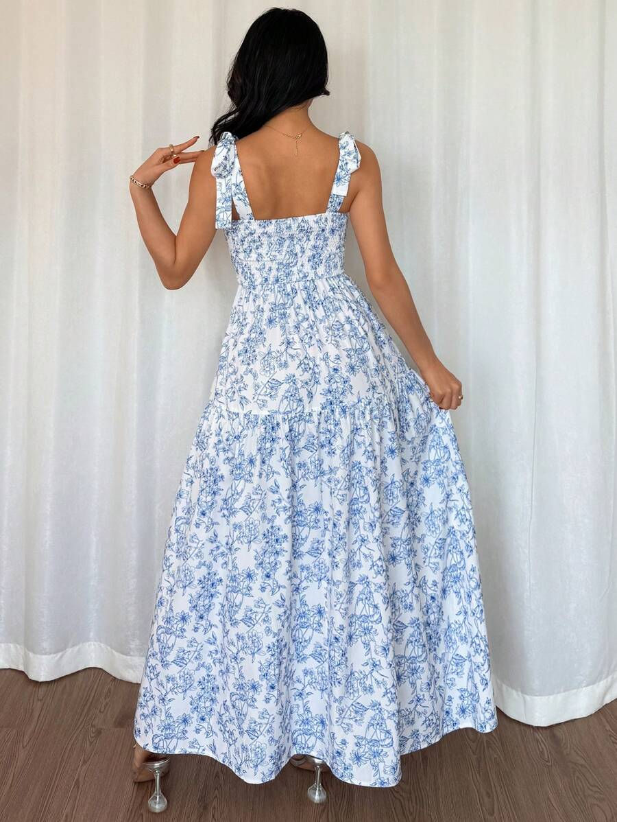 Thumbnail: French Elegant Pleated Flounce Floral Print Long Dress, Sleeveless V-Neck Ruffle