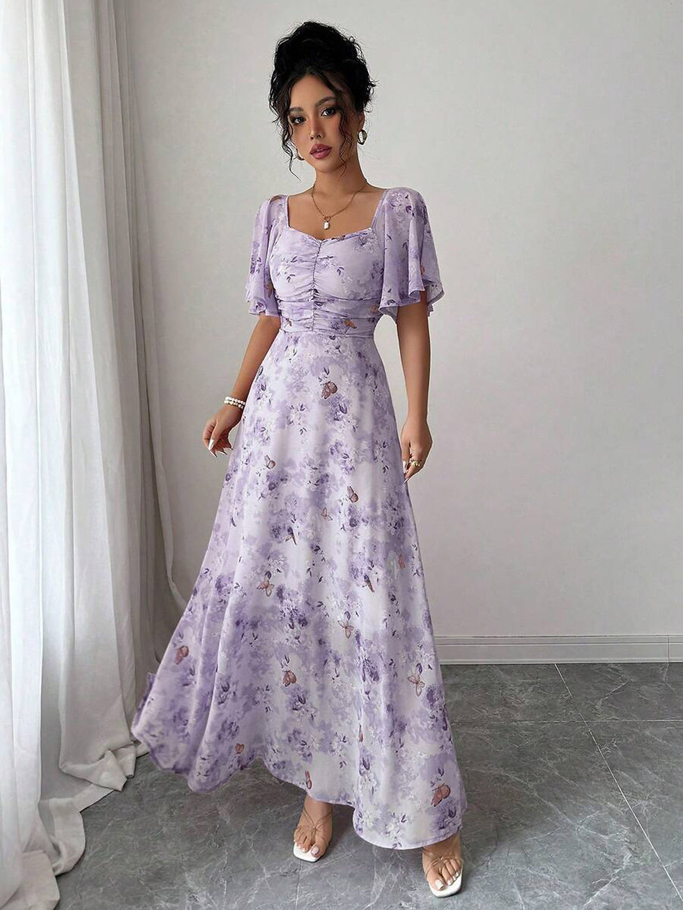 Thumbnail: Women's Sweet French Style Mini Dress with Purple Butterfly Print, Batwing Sleev
