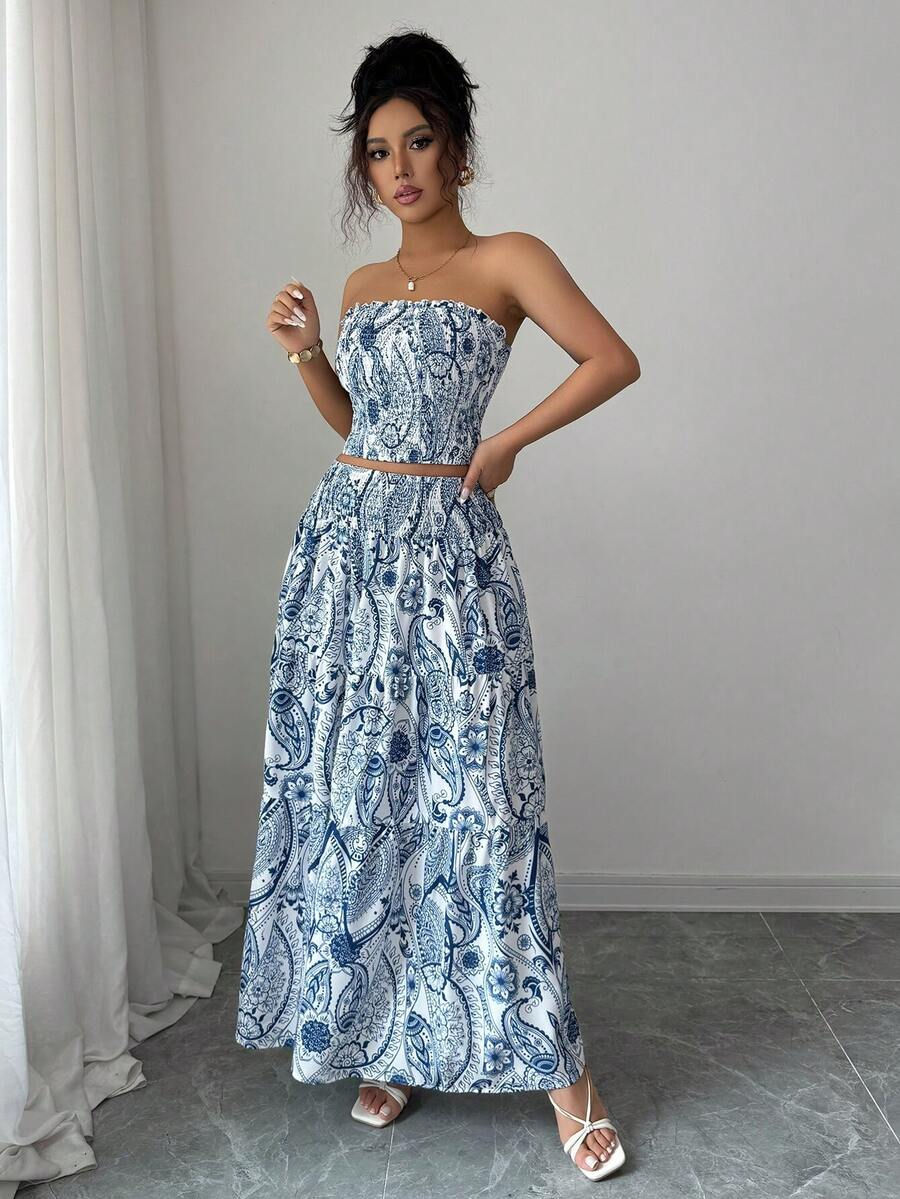 Thumbnail: All-Over Print Strapless Casual Elegant Beach Wedding 2 Pieces Set (Top And Skir