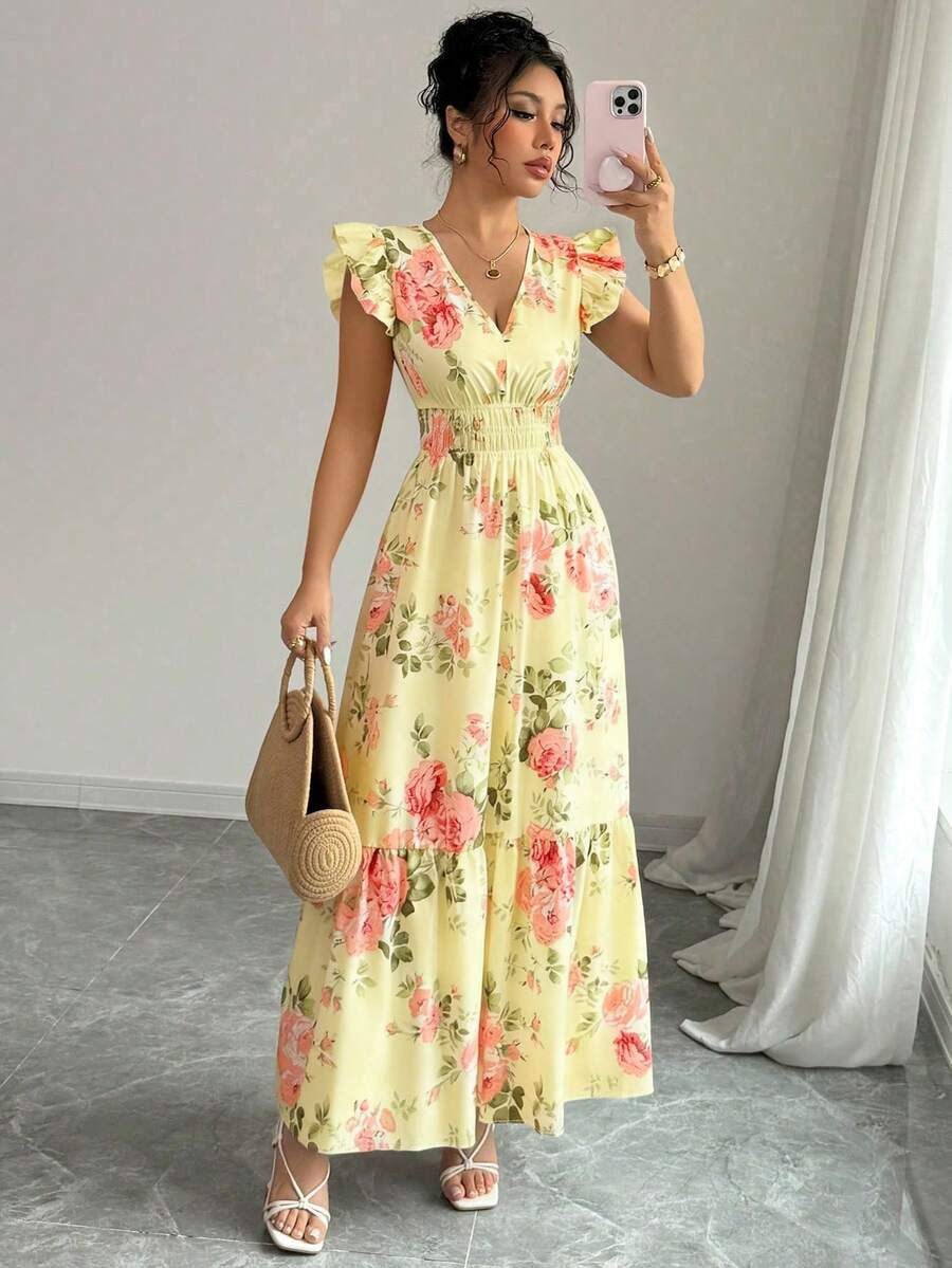 Thumbnail: Women Spring Summer Boho Maxi Dress, Pink Yellow Floral Print V Neck Cap Sleeve 