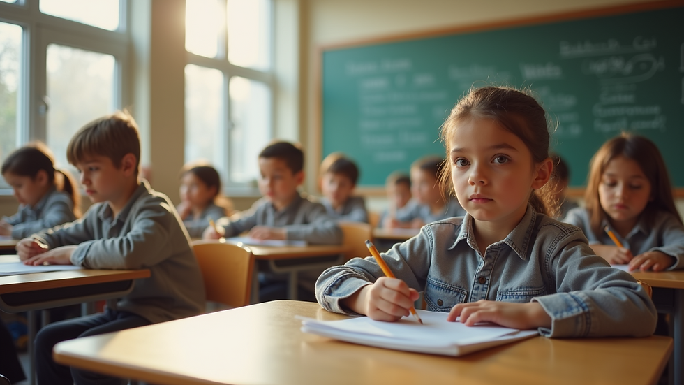 High angle view of a classroom with children engaged in activities