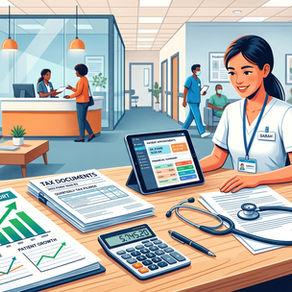 Clínica médica moderna com recepção movimentada ao fundo; em destaque, mesa com relatório de crescimento financeiro (+18%), documentos fiscais, calculadora e estetoscópio.