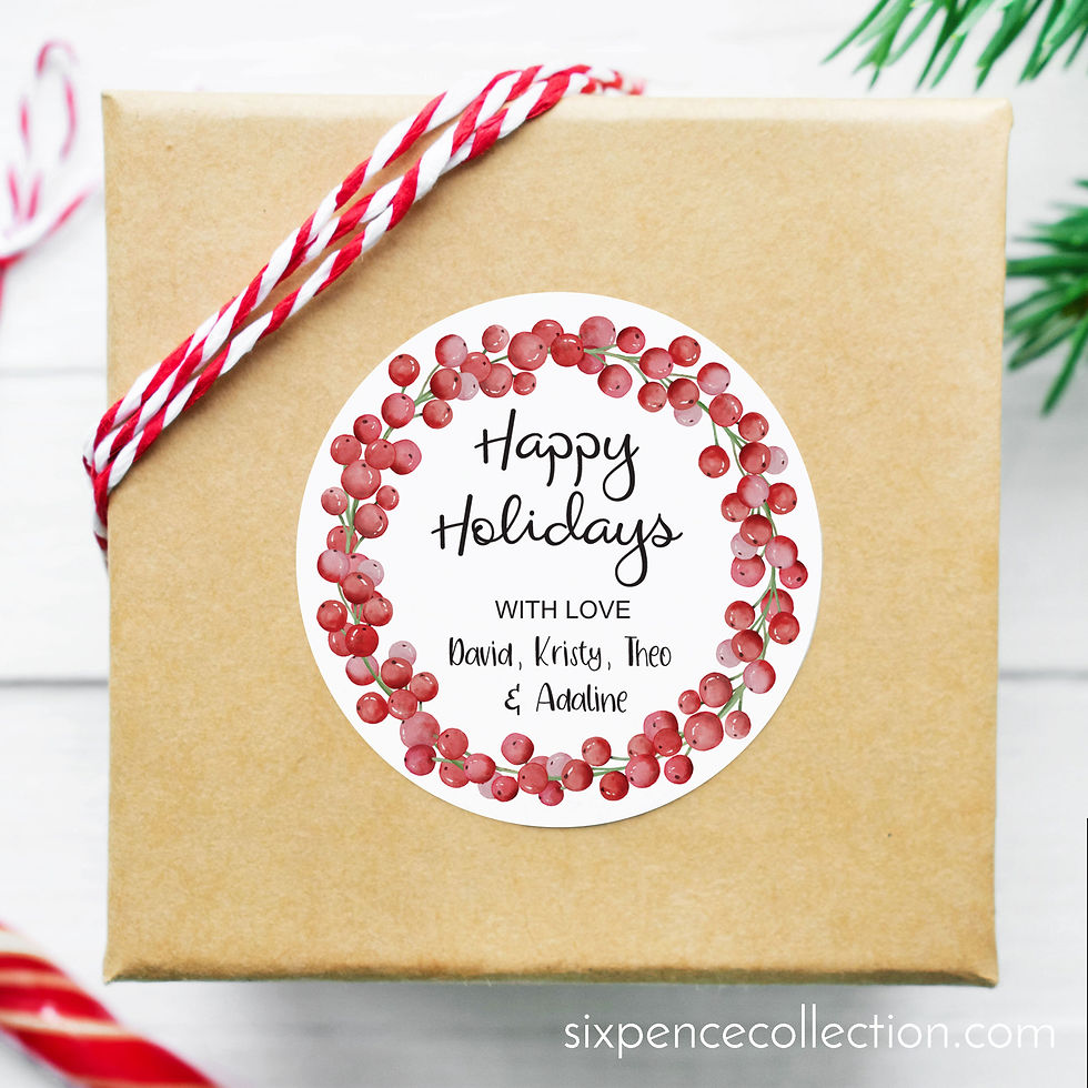 Thumbnail: Christmas Gift Label Stickers - Red Berry Wreath Design