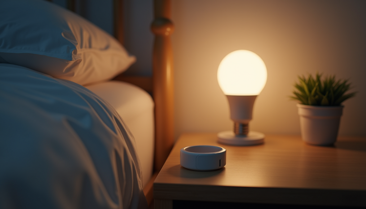 Eye-level view of a bedside table with a smart sleep tracker ring and a dimmed smart bulb