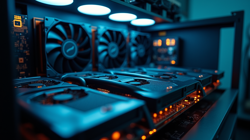 Eye-level view of a mining rig setup with cooling fans and connected GPUs