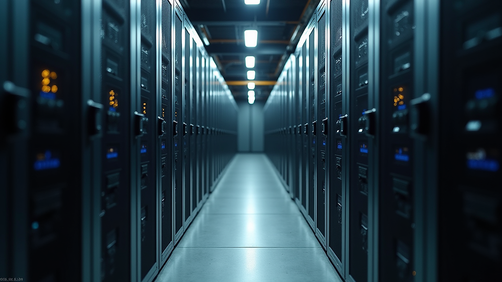 Eye-level view of a mining farm with rows of bitcoin mining rigs operating