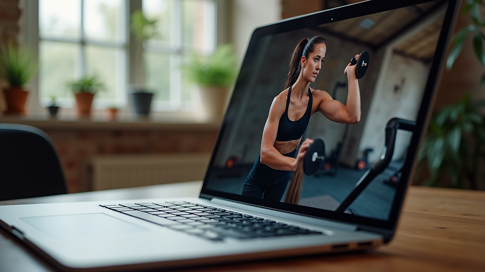 Close-up view of a laptop screen showing a fitness workout video