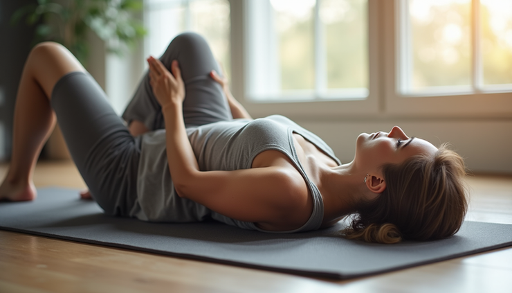 Eye-level view of a person lying on their back performing the assisted supine hamstring stretch using a towel