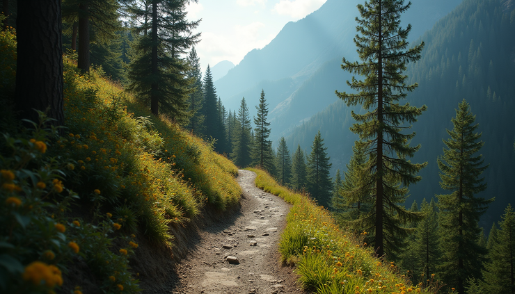 Eye-level view of a winding mountain path leading through a forest, symbolizing a journey with challenges and growth