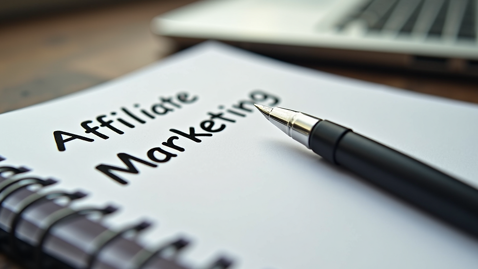 Close-up view of a notebook with affiliate marketing notes and a pen