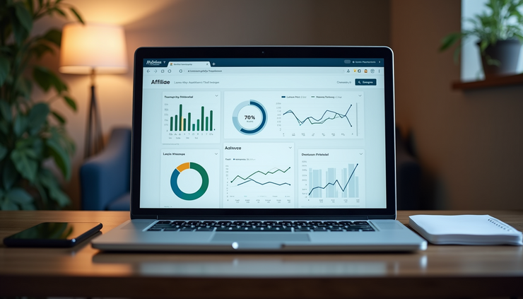 Eye-level view of a laptop screen displaying affiliate marketing dashboard