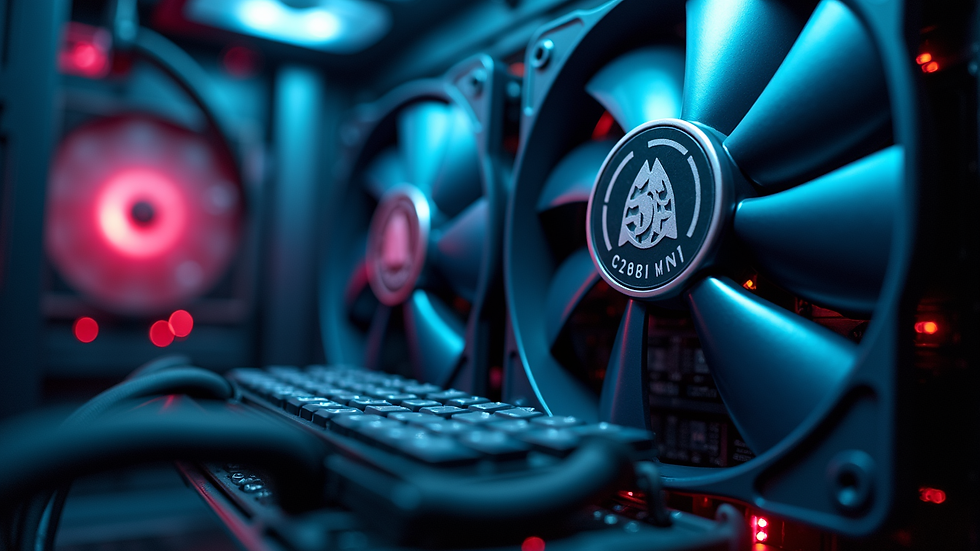 Eye-level view of a mining rig setup with cooling fans and LED lights