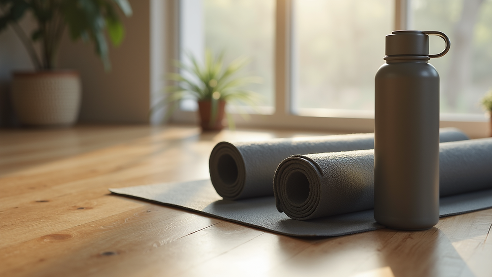 Close-up view of a yoga mat and water bottle on wooden floor