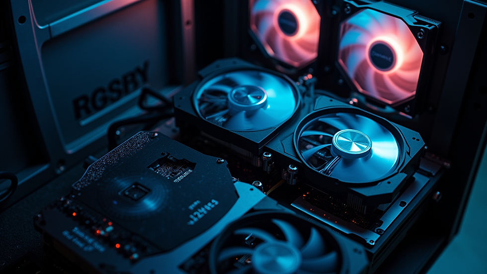 Eye-level view of a mining rig setup with multiple GPUs and cooling fans