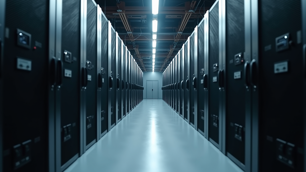 Eye-level view of a mining farm with rows of ASIC miners lined up