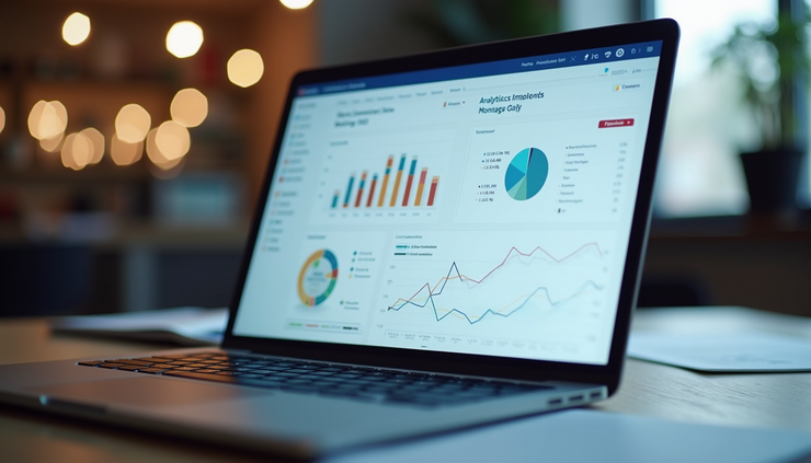 Eye-level view of a laptop screen showing a content analytics dashboard with graphs and charts