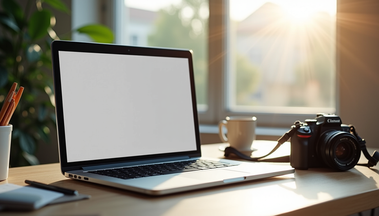Eye-level view of a laptop screen showing a blog post draft with notes and a camera beside it