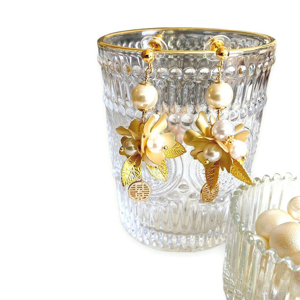 Chinese Double Happiness Pearl and Flower Gold Earring