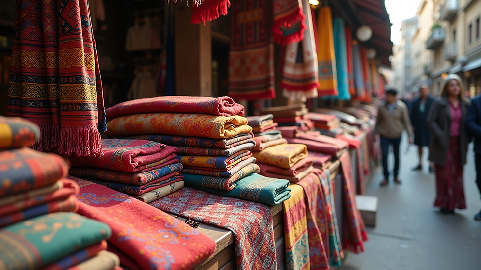 High-angle view of colorful traditional textiles displayed at a market stall