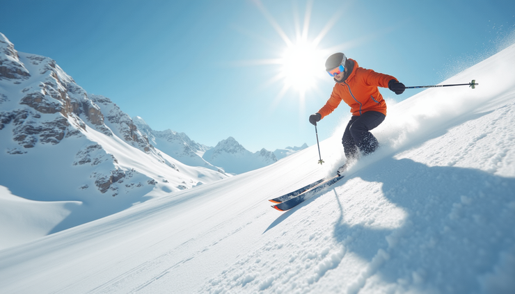 Eye-level view of a skier descending a snowy mountain slope with clear blue sky