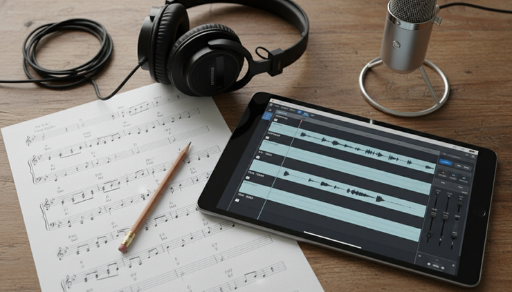 Overhead view of handwritten vocal harmony notes beside a tablet showing four separated vocal lanes
