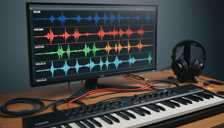 Close-up view of an audio waveform being split into coloured bass, drum, keyboard, and vocal layers on a studio screen