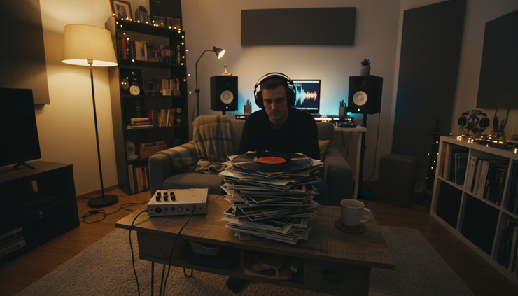 Wide-angle view of a small music listening room with headphones, vinyl records, and a glowing audio waveform on a monitor