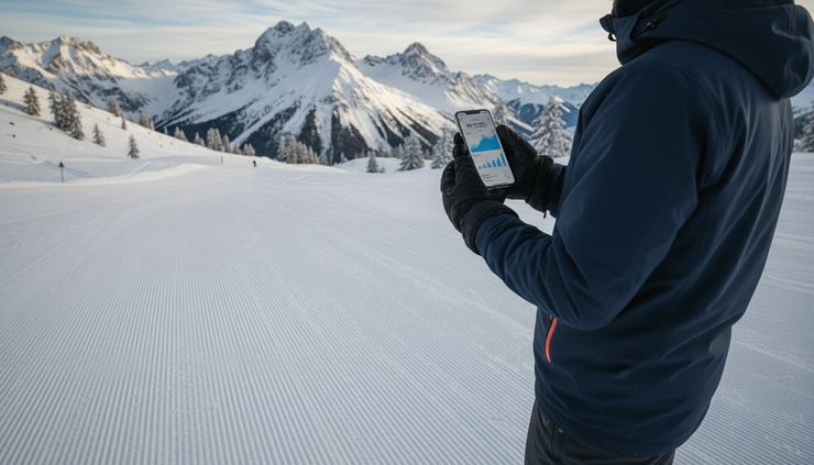 Over-the-shoulder view of a skier reviewing analysis results on a smartphone at the edge of a piste