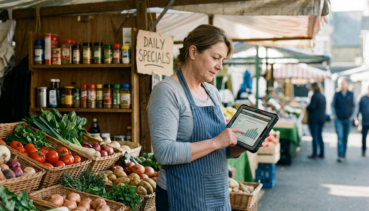 Eye-level view of a small food stall owner reviewing AI-generated order forecasts on a tablet