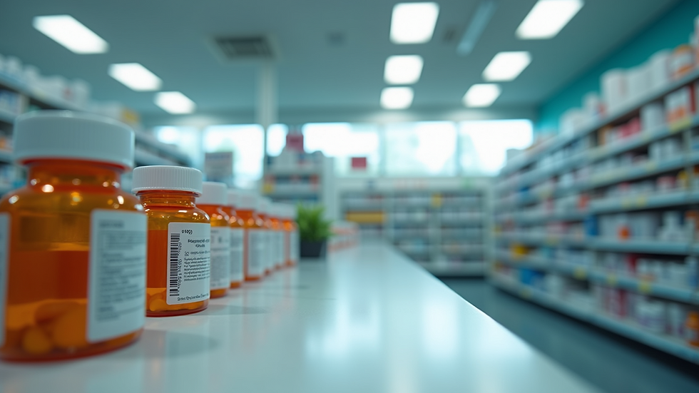 Eye-level view of a pharmacy counter with medication bottles