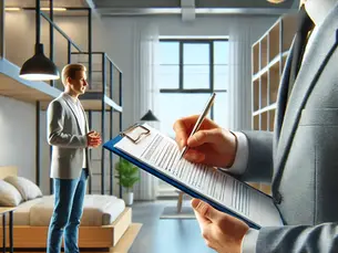 A landlord conducting a property inventory inspection with a clipboard, discussing details with a tenant in a rental apartment.