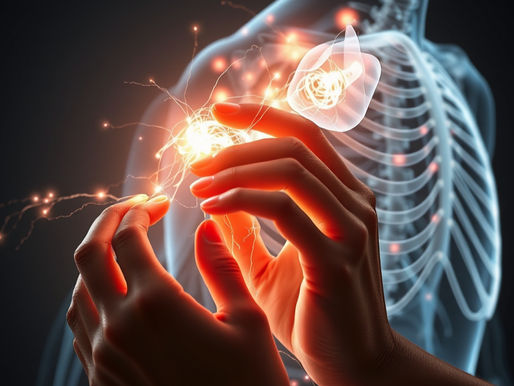 Hands touching glowing electric sparks over a translucent body, suggesting pain or healing.