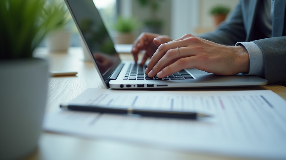 Close-up view of a person typing on a laptop with legal documents beside