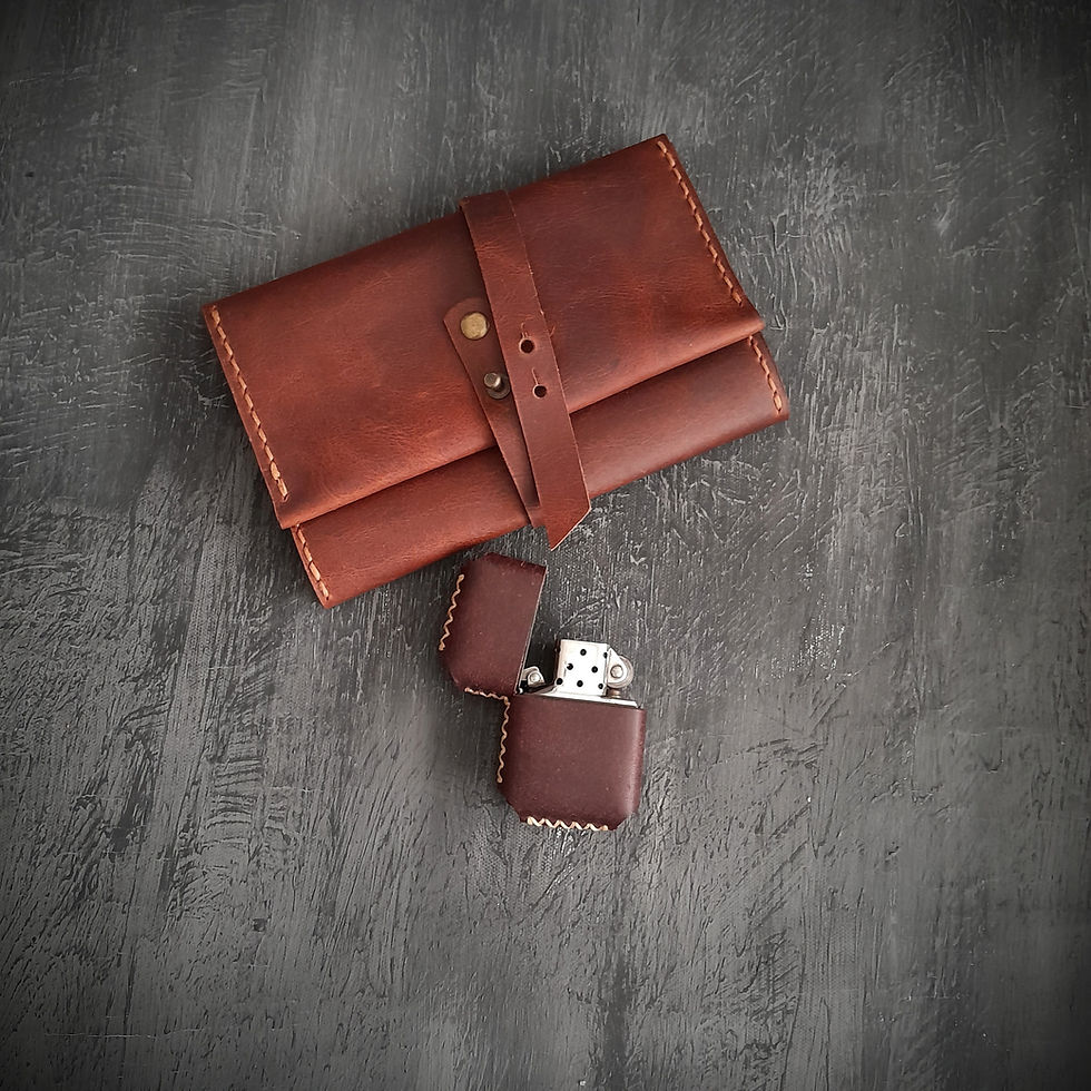 Küçük resim: taba rengi deri kusakli tutun kesesi ve farkli renk secenekli deri kilifli benzinli cakmak hediye seti