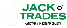 Jack o' Trades Logo with green text and a map of Kitsap County