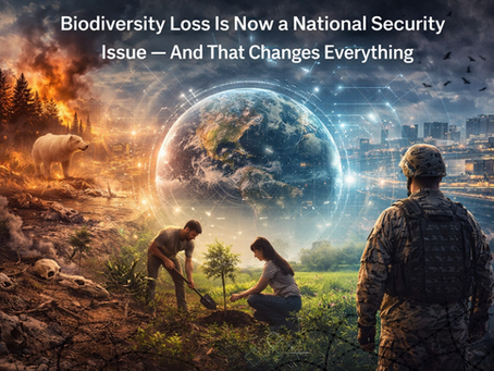 Illustration linking ecosystem degradation, urban stress, and restoration around Earth as connected infrastructure.