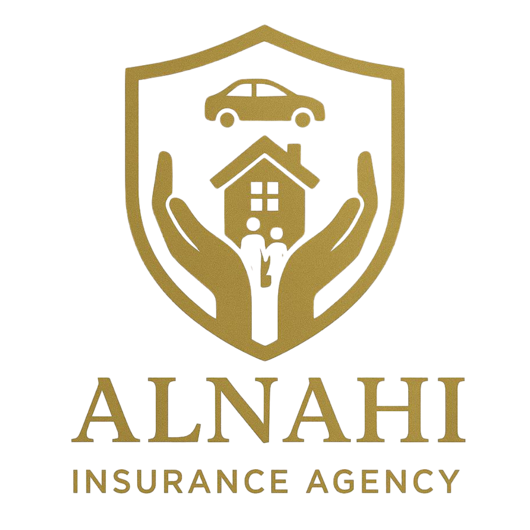 Gold Alnahi Insurance Agency emblem showing hands, home, family, and car inside a shield