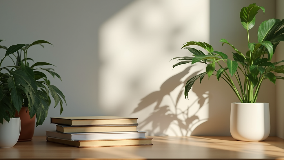 Eye-level view of a cozy home space with plants and wellness books